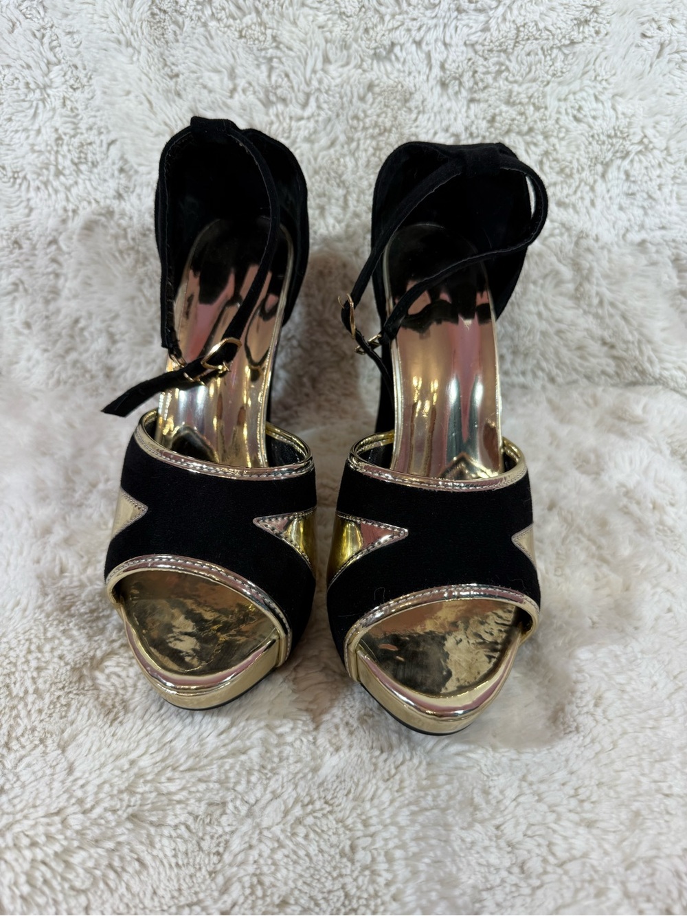 Black & Gold Women's Peep-Toe High Heels